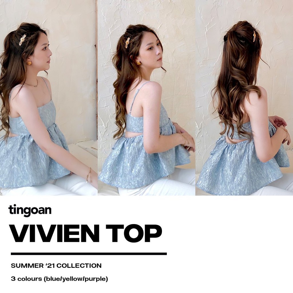 TINGOAN® - Áo hai dây gấm khoét lưng xanh VIVIEN TOP/BLUE
