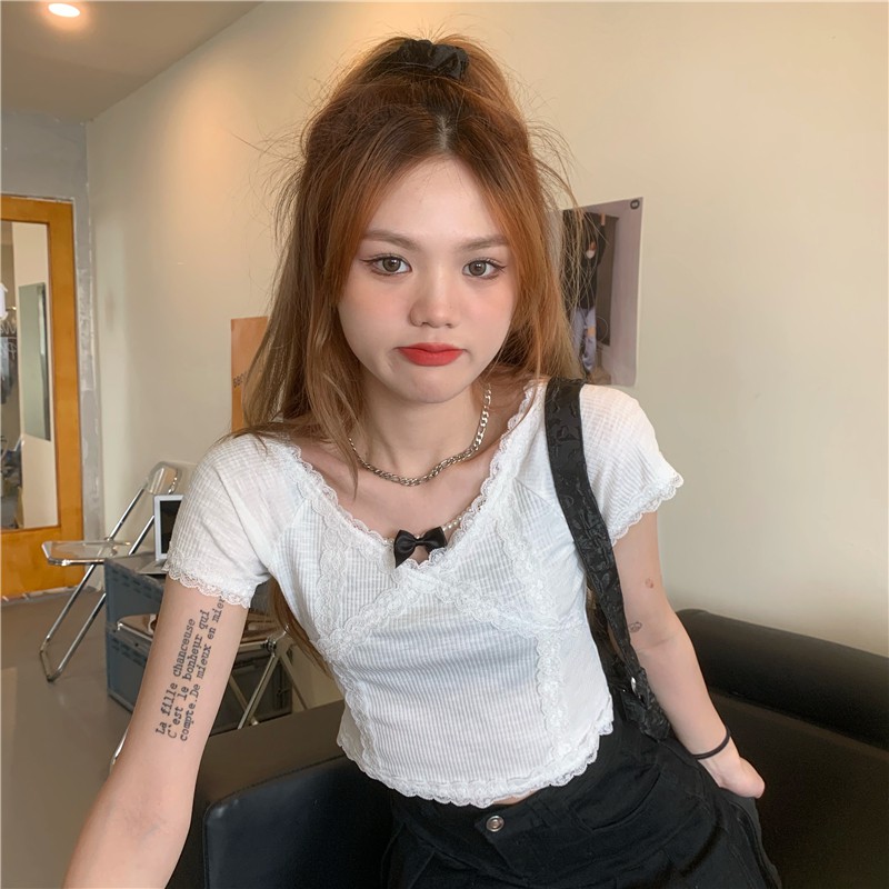 [HOT ORDER] ÁO THUN CROPTOP NGẮN TAY NƠ CỔ ÔM THÂN NỮ TÍNH THỜI TRANG ULZZANG HÀN QUỐC CAO CẤP LOẠI 1