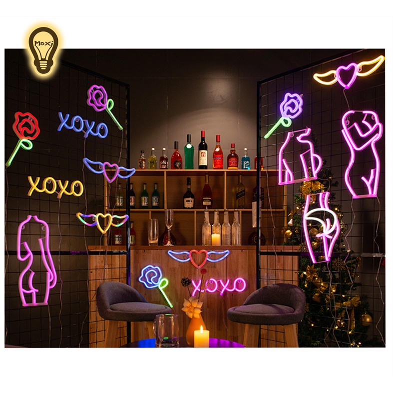 Đèn LED chữ NEON nhiều mẫu trang trí DECOR phòng ngủ quán ăn nhà hàng sân khấu hộp PIN + USB MOXI