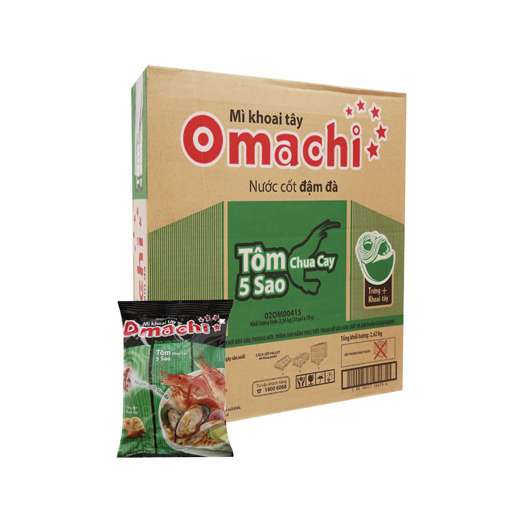 Mì Khoai Tây Omachi Tôm Chua Cay 5 Sao Thùng 30 Gói x 78g