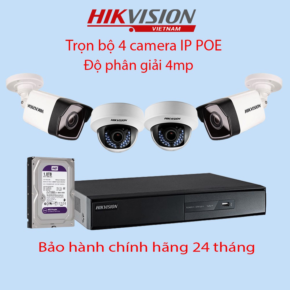 Trọn Bộ 4 Camera IP PoE Hikvision 4.0MP Tầm Xa Hồng Ngoại 30M Cấp Nguồn Qua Cáp Mạng PoE - Hàng Chính Hãng