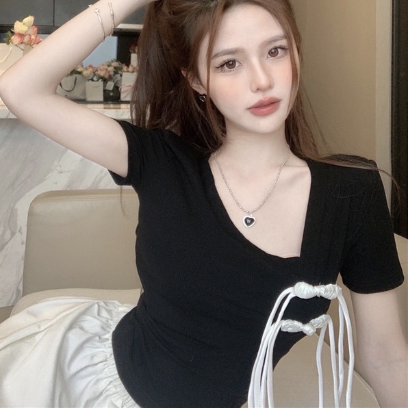 Áo thun ZHELIHANGFEI dệt kim ngắn tay phối nút thời trang cho nữ