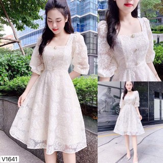 Váy Ren hoa cúc cổ vuông