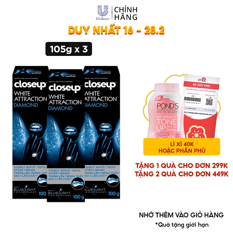 Combo 3 Kem đánh răng dạng GEL Closeup Trắng răng Diamond Attraction 100g