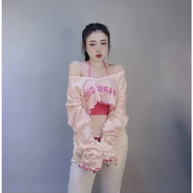 Set áo tay dài croptop cổ tim kèm áo 2 dây thêu chữ hở vai quyến rũ alohashop91