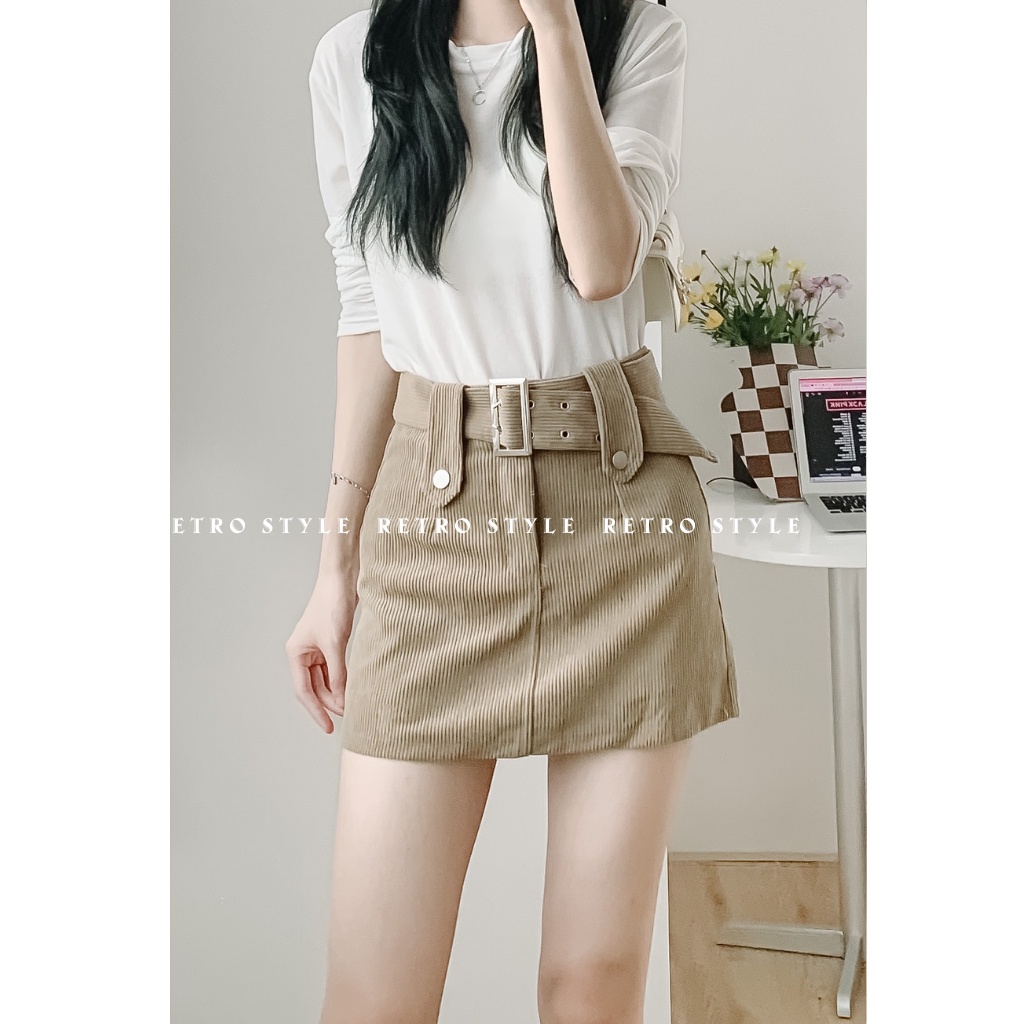 Chân váy nhung kèm đai phong cách retro mã 891