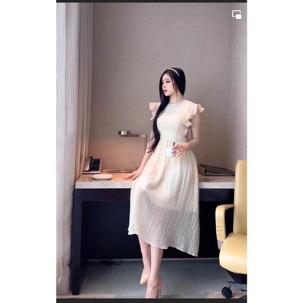 Váy Nữ Tơ Nhăn Viền Ren Tay Bèo Hai Lớp Dày Dặn Màu Xanh Cốm Hottrend Váy Nữ Dài Đi Chơi Tiệc Cưới Hothit