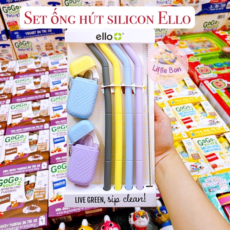 Set 4 ống hút silicon kèm hộp đựng Ello Mỹ