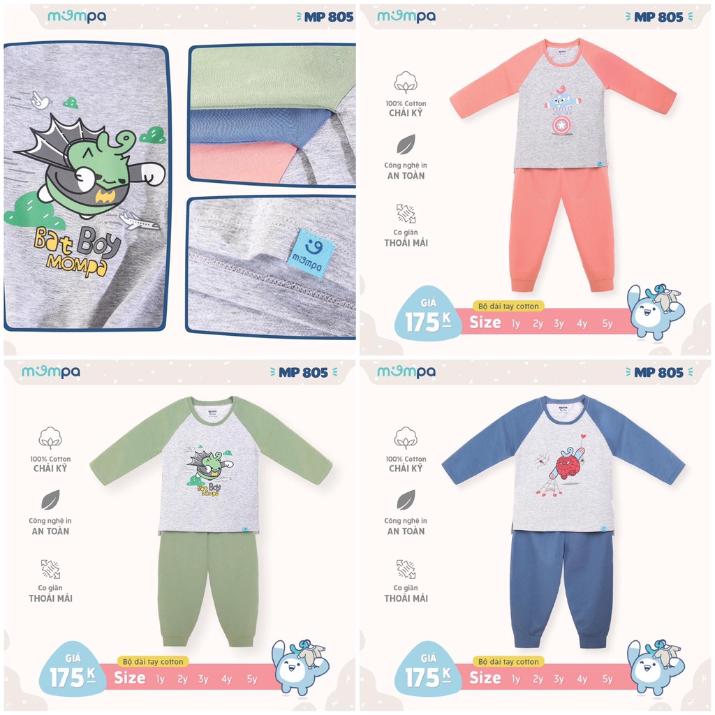 [Chính Hãng] Bộ dài tay raglan họa tiết trẻ em MP805 Mompa
