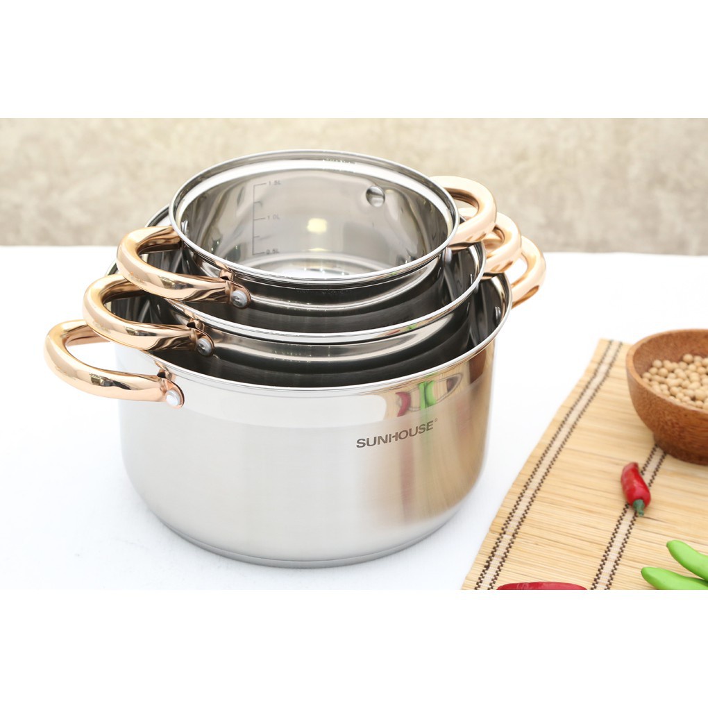 Bộ nồi inox SUNHOUSE, truyền nhiệt nhanh, tỏa nhiệt đều và giữ nhiệt tốt, tiết kiệm thời gian nấu