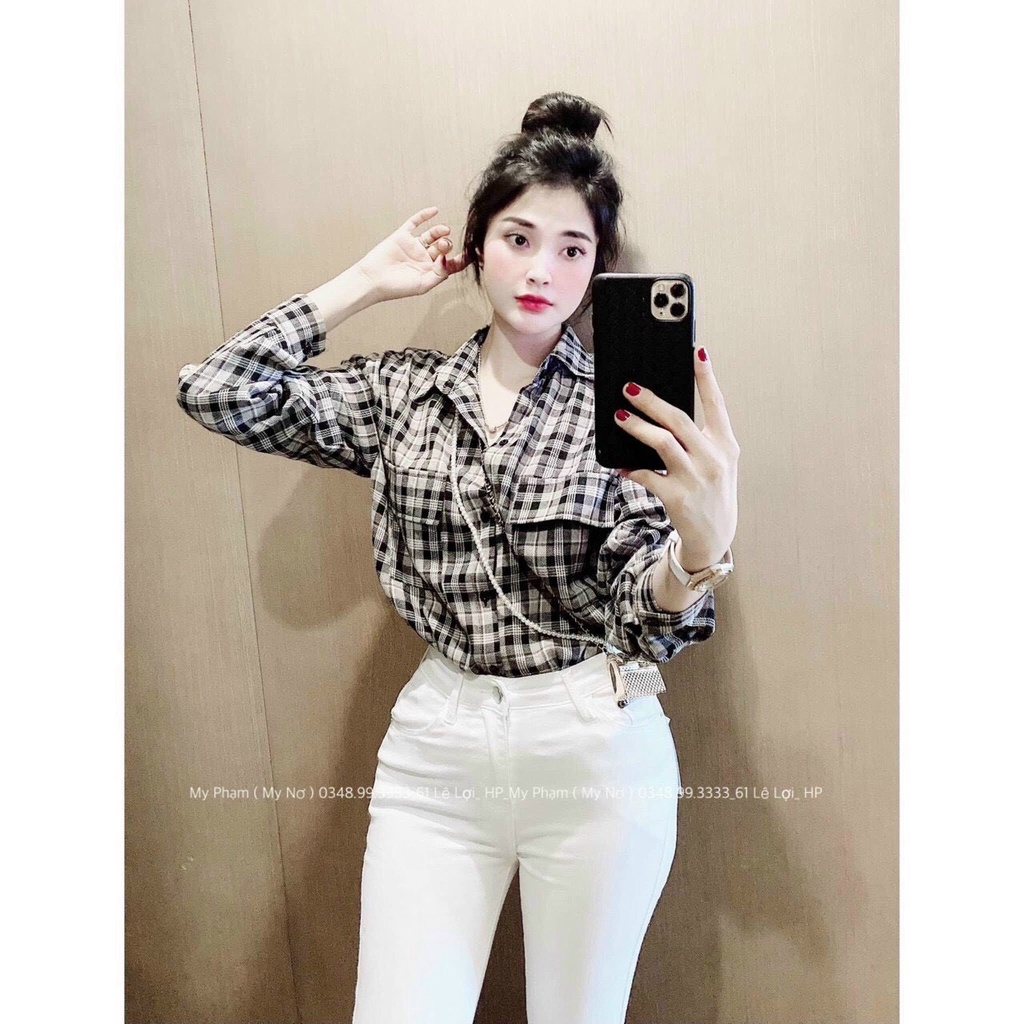 Áo sơ mi kẻ thụng nâu túi ngực áo sơ mi nữ thụng giấu quần ulzzang TL137