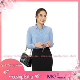 Áo Sơ Mi Nữ Kiểu Công Sở Mc Fashion, Kẻ Sọc Tăm, Màu Hồng, Xanh Dương Nước Biển, Tím, Đỏ, Ngắn, Đẹp, Tay Dài A0298