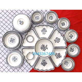 Bộ bát đĩa hoa mặt trời sứ Bát Tràng đk 45cm, 54cm, 15 món, hoa móc