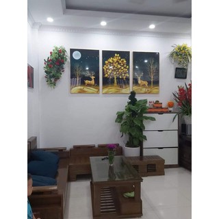 xả sốc bộ ba tranh tráng gương cao cấp hươu vàng dưới bóng cây kim tiền