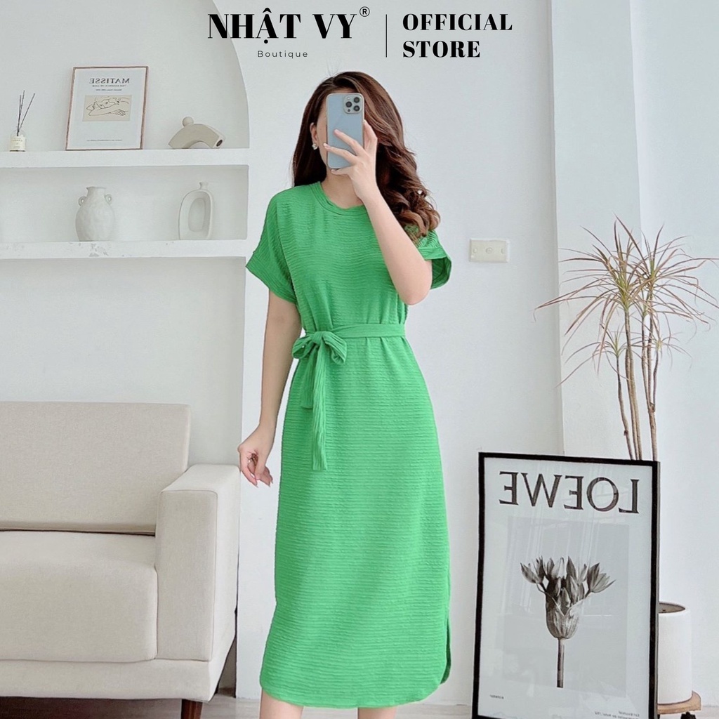Đầm công sở Nhật Vy dáng suông tay cánh dơi cổ tròn kèm dây thắt eo chất thun phù hợp đi chơi, dạo phố, cafe - D2522