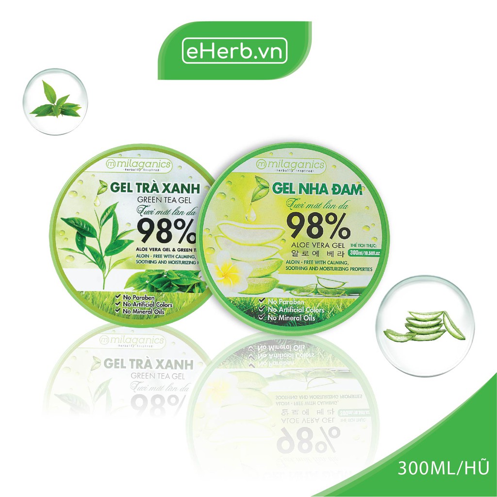 Combo Gel Trà Xanh &amp; Gel Nha Đam Dưỡng Ẩm Đa Năng MILAGANICS 300ml/ Hũ