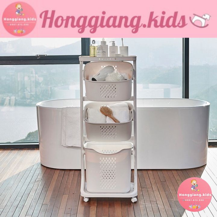 Kệ giỏ  3 tầng có bánh xe bằng nhựa plastic đựng đồ cho bé, kệ để đồ nhà tắm, đồ máy giặt, đồ dơ - Giá để đồ tiện lợi