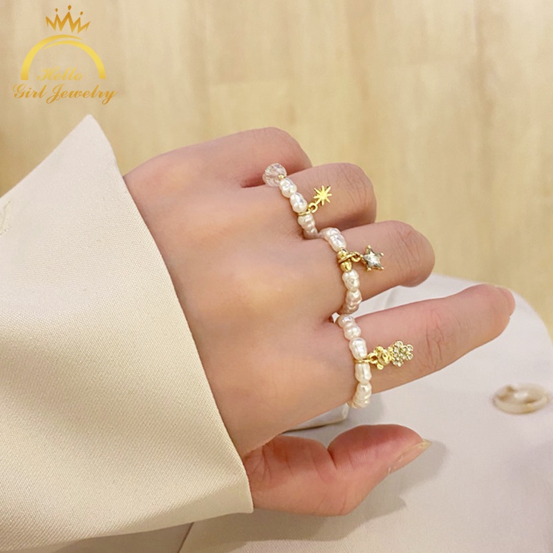 Nhẫn xỏ hạt ngọc trai đính mặt hình ngôi sao gấu đơn giản bằng kim cương phong cách thời trang cho nữ