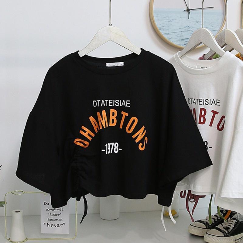 Áo thun lửng ngắn tay dây rút thời trang cho nữ