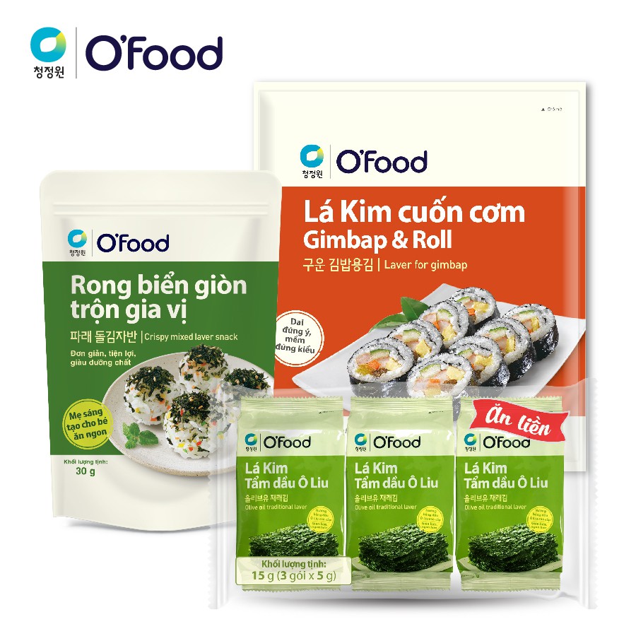 Combo rong biển, lá kim ăn liền ( rong biển giòn trộn gia vị, lá kim Ô liu lốc 3 và lá kim cuốn cơm) O'Food