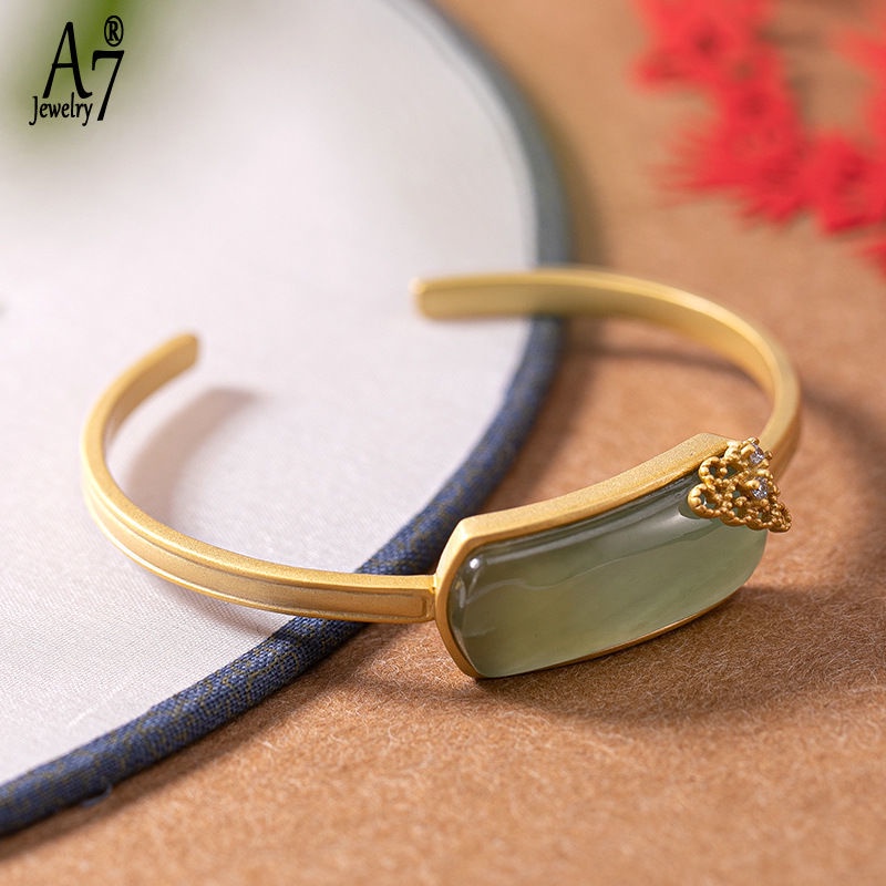 Vòng Tay Bạc 925 A7 S925 Dạng Hở Đính Đá Sapphire Hình Chữ Nhật Phong Cách Retro Cho Nữ