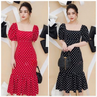 Đầm body chấm bi cổ vuông đuôi cá
