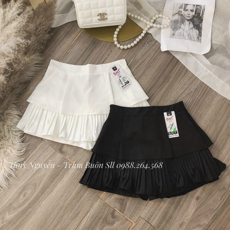 Chân Váy Dếp Ly Phân Tầng Dáng Xòe Vintage Tiểu Thư Kèm Quần Trong Váy