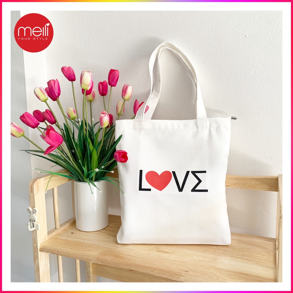 TÚI TOTE VẢI CANVAS IN CHỮ LOVE CÓ KHOÁ KÉO MIÊNG VÀ TÚI PHỤ