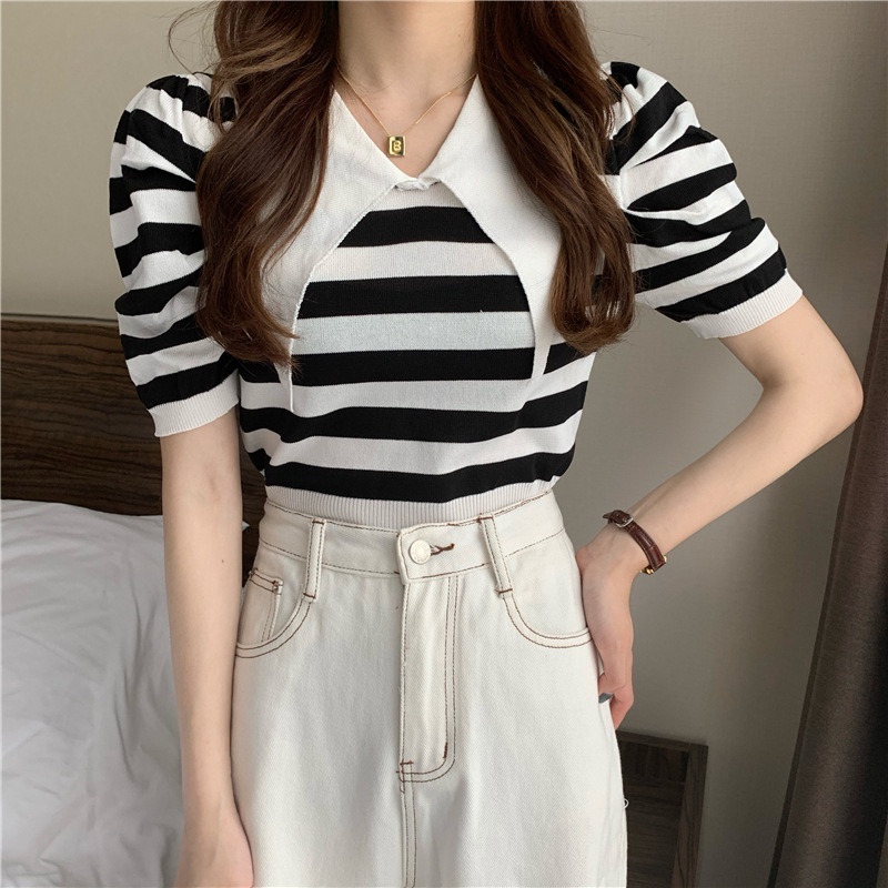 Áo thun IELGY tay ngắn cổ bẻ in họa tiết kẻ sọc nhiều màu sành điệu cho nữ