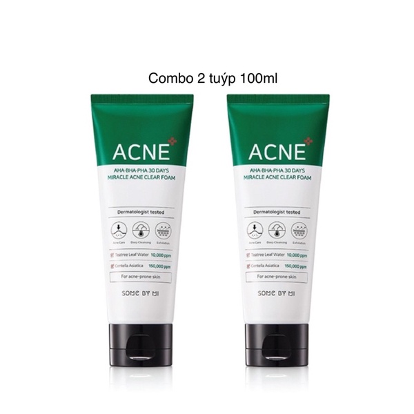 Combo 2 Tuýp Sữa Rửa Mặt Some By Mi AHA-BHA-PHA 30 Days Miracel Acne Clear Foam 100ml