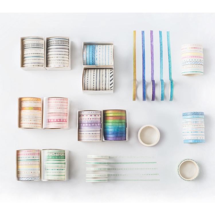 Set 10 cuộn băng dán Washi tape trang trí nhiều màu sắc họa tiết dễ thương