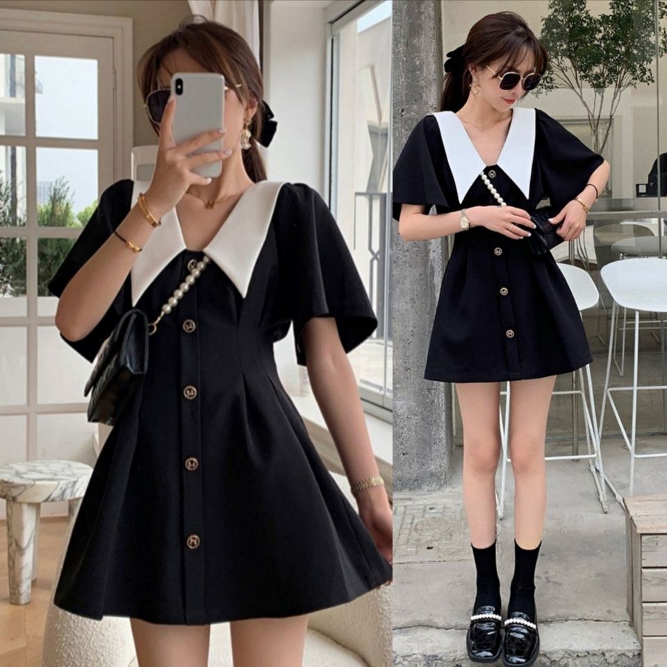 Váy đen có sẵn hàng cổ trắng siêu hot chỉ có màu đen