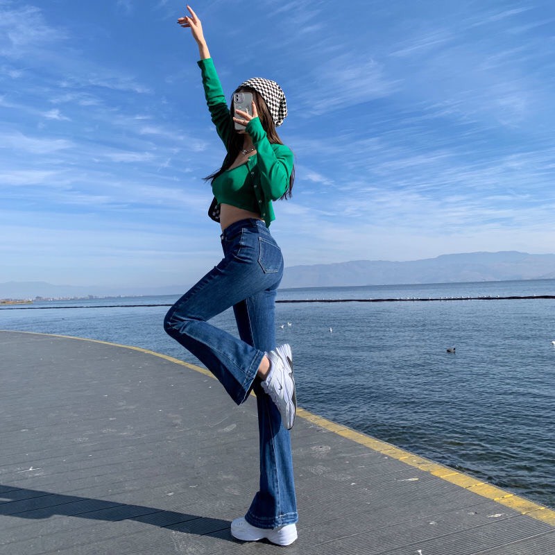 Quần jean ống loe giãn cạp cao hách dáng , quần bò nữ ống loe full gấu chất đẹp dày dặn Minxy shop