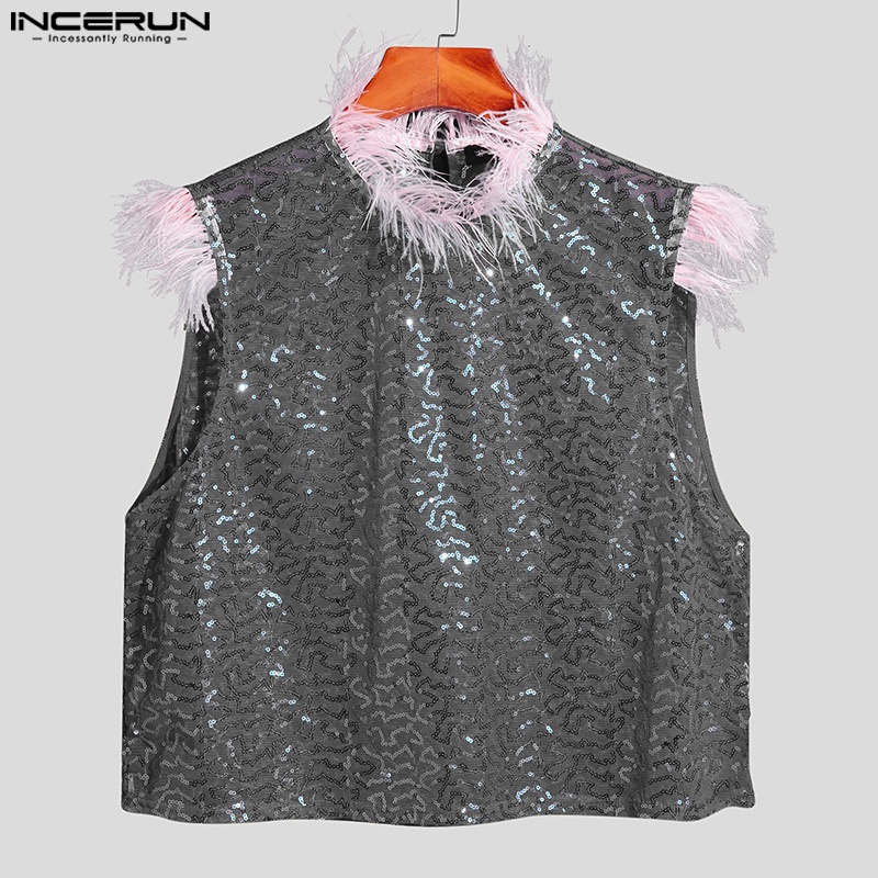 INCERUN Áo Croptop Sát Nách Đính Kim Sa Lấp Lánh Xuyên Thấu Thời Trang Dự Tiệc Cho Nam