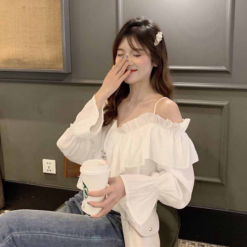 Áo sơ mi trắng nữ Áo trễ vai tiểu thư bánh bèo thiết kế nhẹ nhàng FIRST DATE
