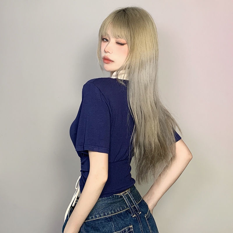 Áo thun COZOKC ngắn tay cổ chữ V in chữ phối dây buộc cá tính thời trang