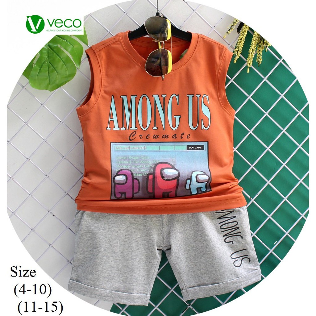 Đồ bộ bé trai size đại Veco ba lỗ tay ngắn in hình Among us 10-45kg vải 100% cotton co giãn 4 chiều