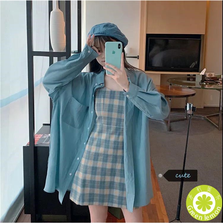 Set áo sơ mi dài tay dáng rộng + đầm chữ A 2 dây kẻ sọc thời trang cho nữ