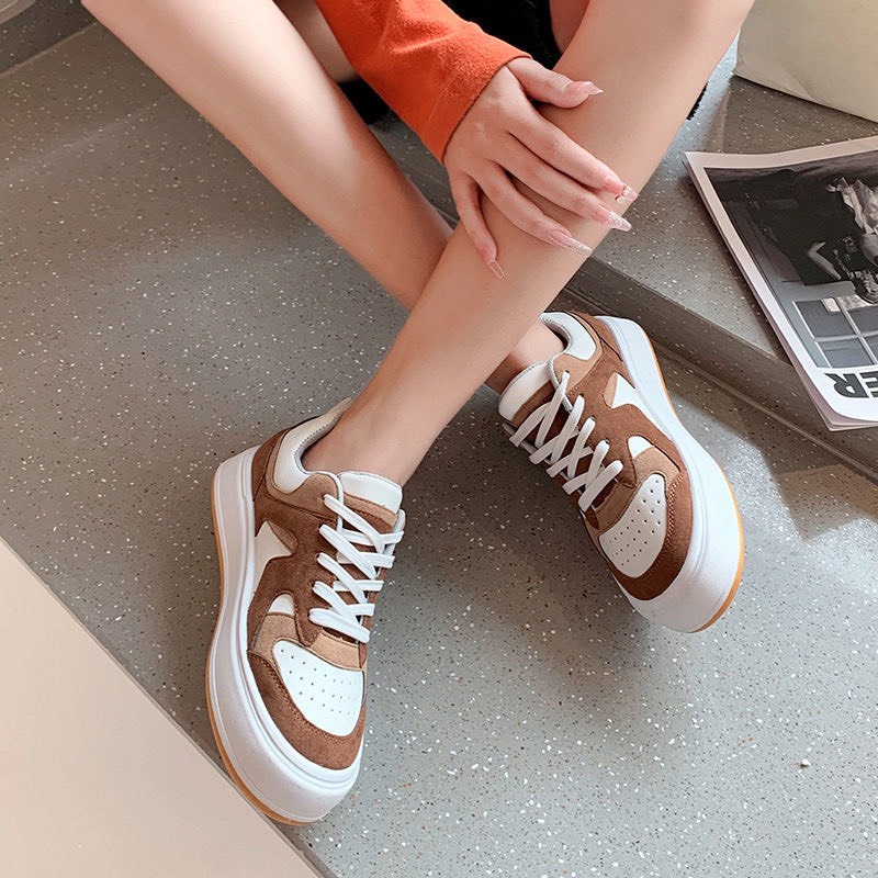 Giày thể thao nữ, sneaker loại đẹp phối da lộn độn đế tăng chiều cao phong cách năng động