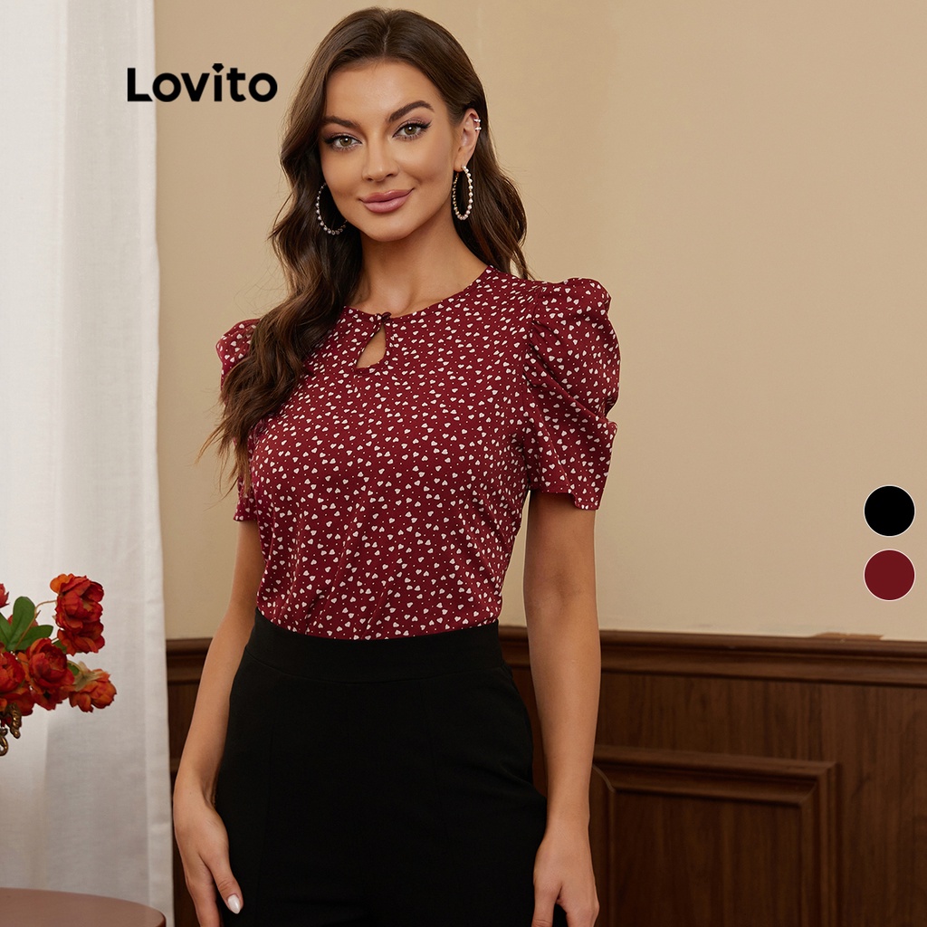 Áo Lovito tay phồng cổ khoét lỗ họa tiết hoa nhí phong cách thanh lịch thoải mái L17D106 (Màu đỏ)