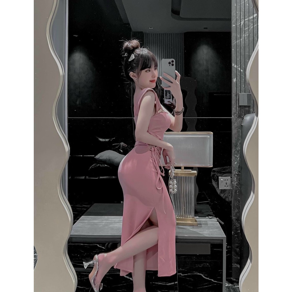 Đầm thời trang nữ mặc đi chơi, Đầm thun dân ôm body 2 dây đính nút vai phần eo rút dây gợi cảm sexy
