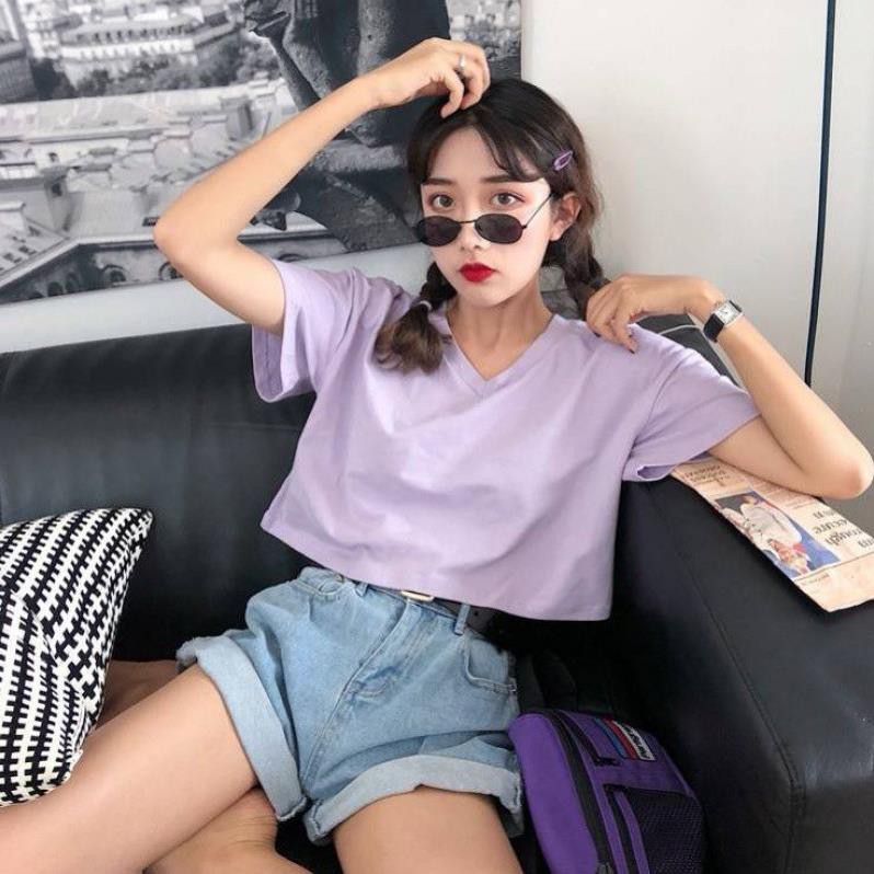 Áo croptop nữ tay ngắn cổ tim form rộng,  Croptop cổ chữ V dáng buông phong cách Hàn Quốc | BigBuy360 - bigbuy360.vn