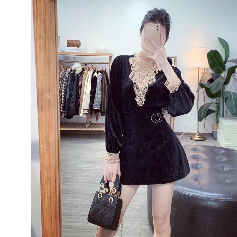 ÁO NHUNG ĐEN TAY BỒNG PHỐI REN CỔ CHO NỮ