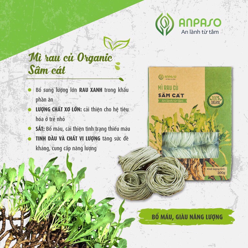 [Combo 3 loại mì hữu cơ] Mì rau cải bó xôi/rau sâm cát/lá mầm lúa mạch organic Anpaso 300gr/hộp
