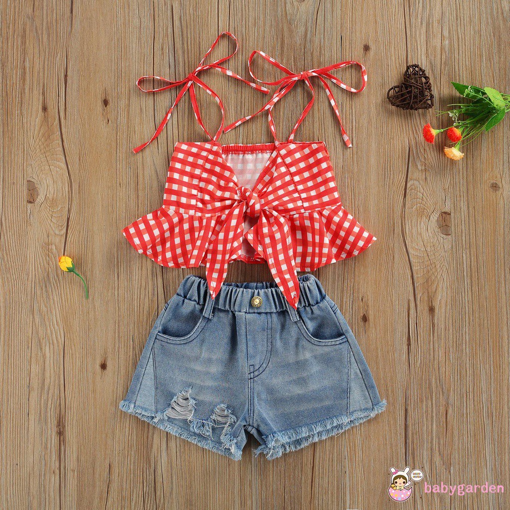 Bộ Đồ 2 Món Thời Trang Mùa Hè Áo Không Tay Viền Bèo + Quần Short Denim Rách Cho Bé Gái