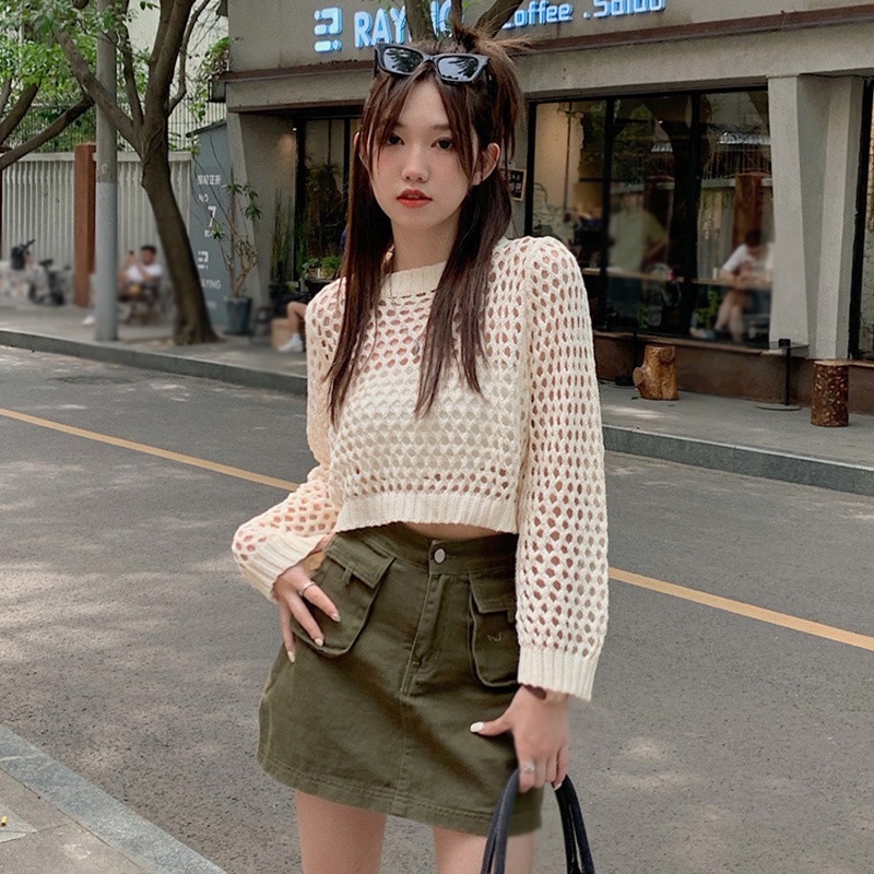 Áo Sơ Mi Tay Dài Cổ Tròn Màu Trơn Phối Lưới Thời Trang Hàn Quốc Cho Nữ