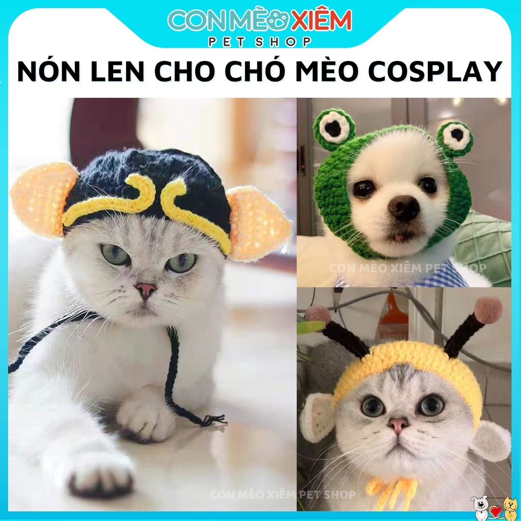 Nón len cho chó mèo đan móc hóa trang, mũ dễ thương đội cosplay thú cưng Con Mèo Xiêm