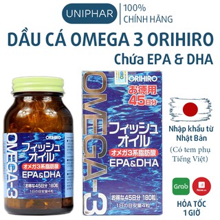 Dầu cá Omega 3 ORIHIRO Nhật Bản chứa EAP và DHA tốt cho tim mạch, bổ não, bồi bổ cơ thể Lọ 180 viên - Có tem phụ