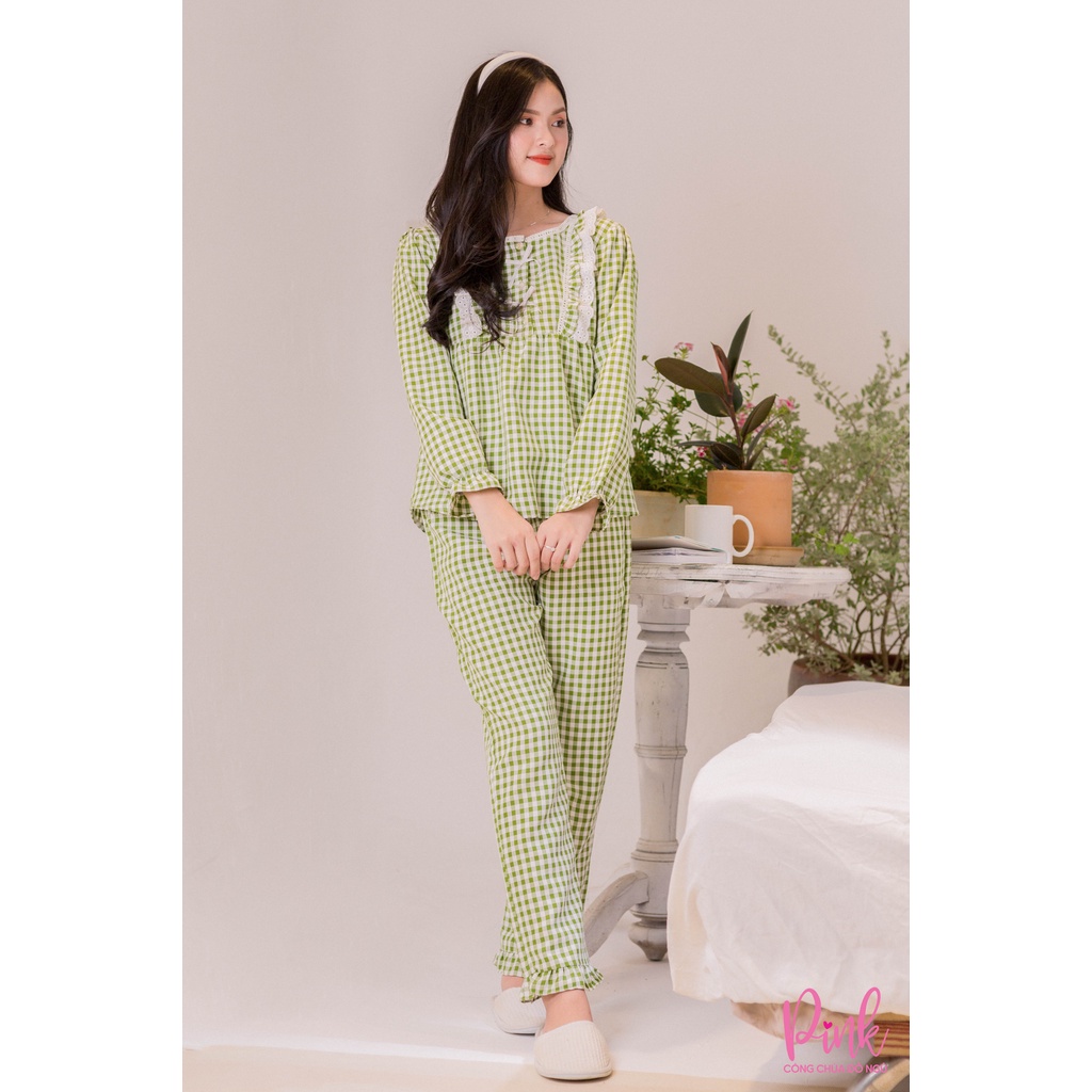 Bộ Ngủ Nữ Pijama Dài Tay Xanh Lục Caro Chất Vải Kate Ấm Siêu Mềm Mịn Đồ Nữ Mùa Đông Thời Trang Hàn Quốc Nữ Tính