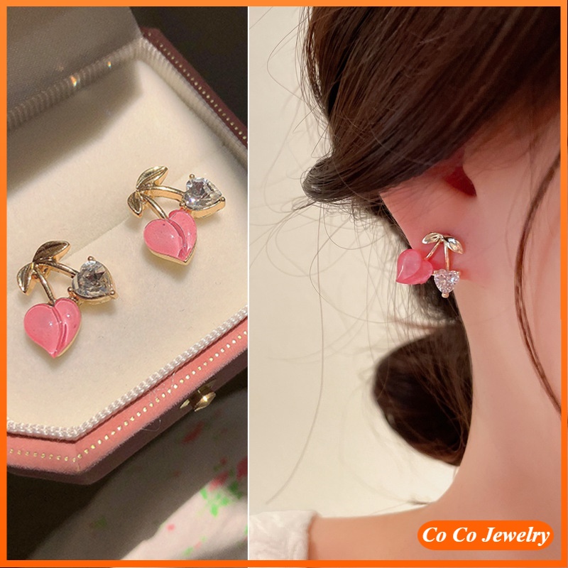 Bông Tai Mạ Bạc 925 Hình Trái Tim Đính Đá Zircon Hồng Phong Cách Hàn Quốc Cho Nữ
